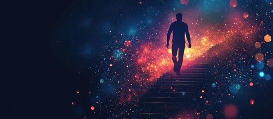 Naklejka premium Abstract image of a man climb stairs in the form of a starry sky or space, consisting of points