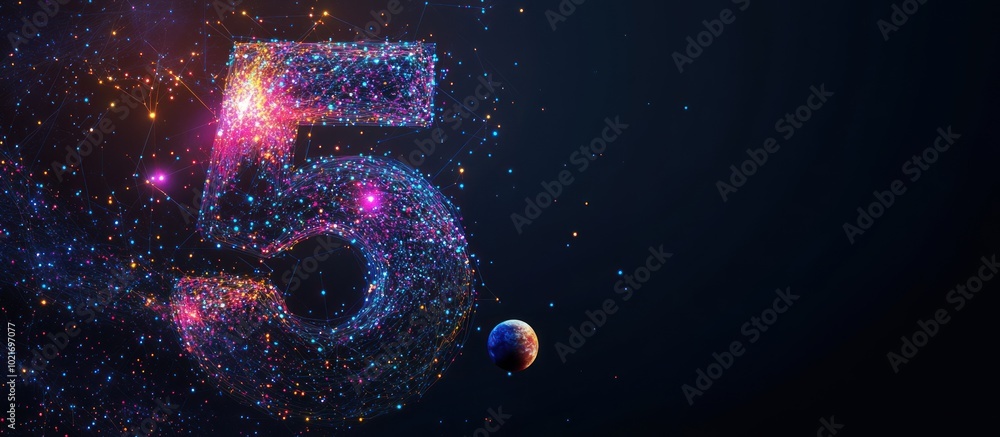 Poster abstract image of a number five in the form of a starry sky or space, consisting of points