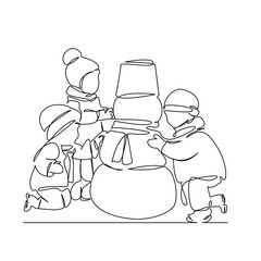One continuous single drawing line art flat doodle child, snowman, snow, winter, christmas, childhood, outdoors, person, family, fun. Isolated image hand draw contour on a white background