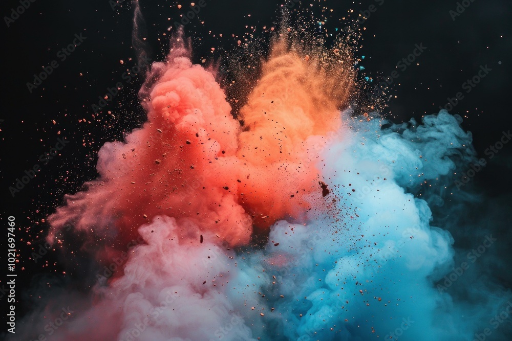 Poster colorful powder and smoke exploding creating abstract shapes on black background