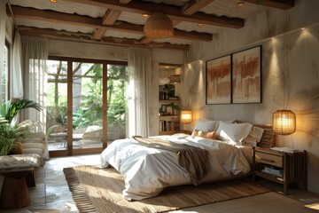 Bohemian Bedroom with Garden View Illustration