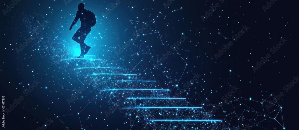 Poster abstract image of a man climb stairs in the form of a starry sky or space, consisting of points