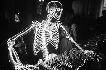 a skeleton dj playing music in a dark room