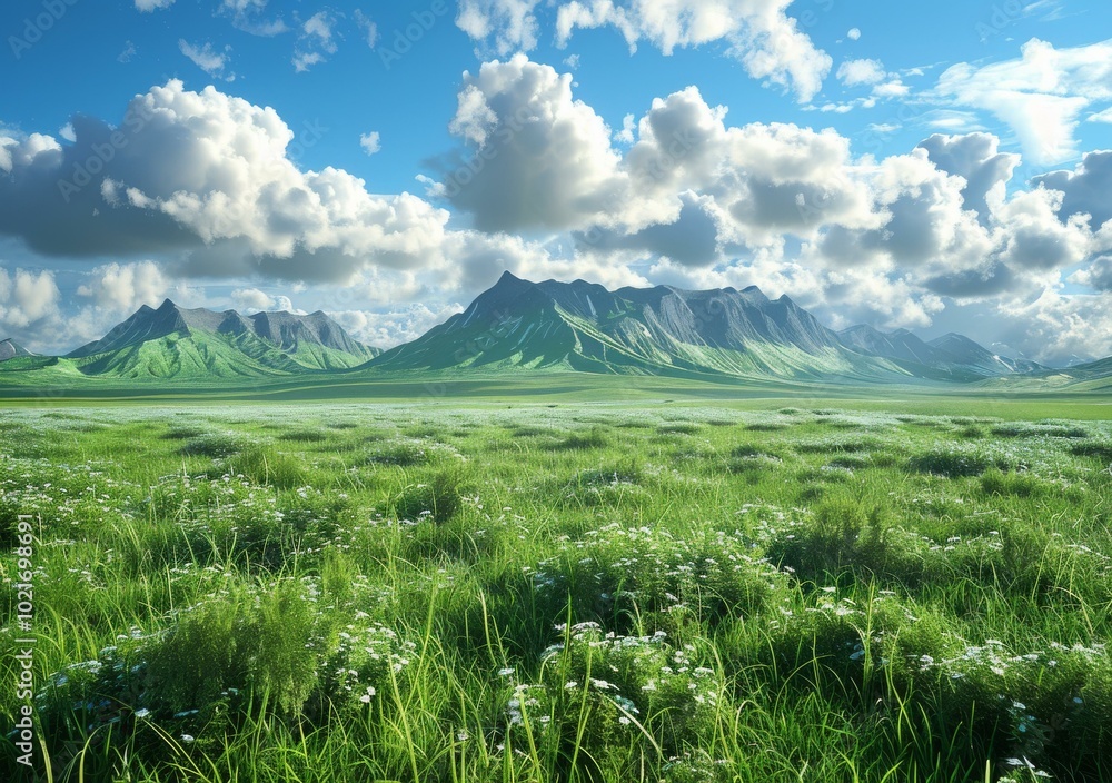 Poster Stunning Mountain Landscape With Lush Grassland