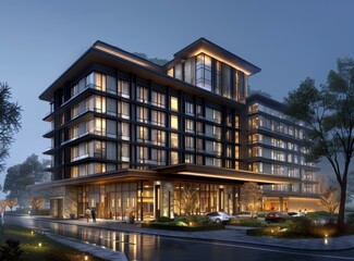 Obraz premium Modern Architectural Design of a Luxury Hotel at Night