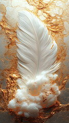 Elegant White Feather on Golden Marble Background - Luxurious Abstract Wallpaper for Sophisticated Decor and Modern Wall Art