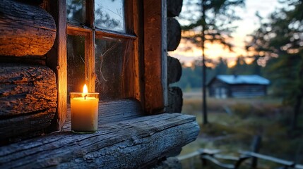   A lit candle sits atop a window sill alongside a log cabin in the background