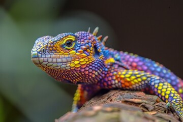 Fototapeta premium Vibrant, colorful lizard is resting on a tree branch