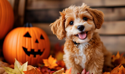 Cute dog on Halloween pumpkins and autumn decorations, generated ai