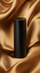A minimalist matte black cosmetic bottle, elegantly positioned on silky gold satin, with smooth folds of fabric emphasizing the luxury of the scene.