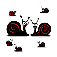 Cartoon family of black and red snails with different emotions. Greeting card with Mother's Day, Happy Father's Day, Happy Family Day, protection of children. Mom, Dad and kids.