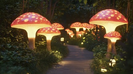 Fototapeta premium Enchanted Garden Path with Glowing Mushrooms and Lanterns for Evening Strolls | Ultra-Detailed Light Installations Scene