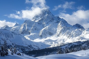 A majestic snow-capped mountain peak rising above a vast snowy landscape