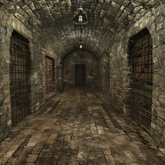 gloomy prison corridor with barred doors