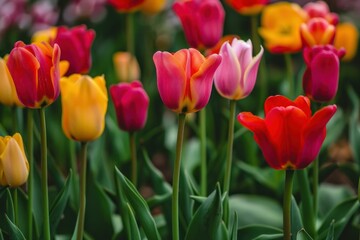 Fototapeta premium Colorful tulips are blooming in a garden, displaying vibrant colors and delicate petals