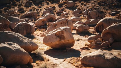 Fototapeta premium Scattered large boulders in a dry desert landscape under sunlight