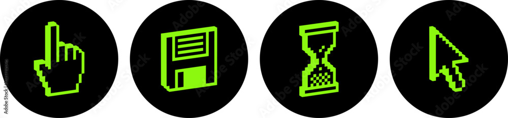 Poster set of 3d pixel elements. hand click cursor. mouse arrow pointer icon. diskette, floppy disk. y2k tr