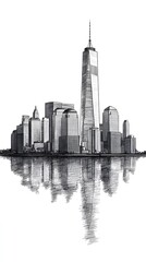 Obraz premium Black and white vector illustration of the New York City skyline, on a white background, with a minimalistic design featuring clean lines and a simple drawing style