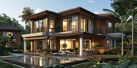 Fototapeta premium Luxury Two-Story House Exterior Design Illustration