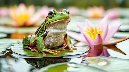 A green frog sitting on a lily pad with vibrant water lilies around
