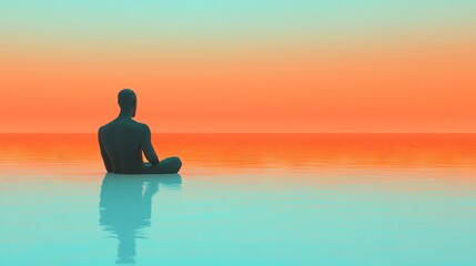 Fototapeta premium A person sitting in a body of water against an orange-blue sky background