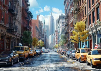 Fototapeta premium New York City Street Scene with Cars and Buildings