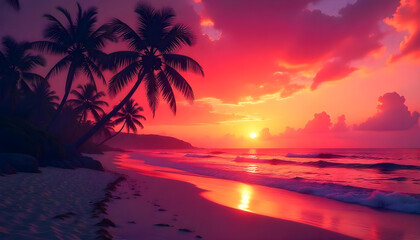 The pixelated beach scene with a vibrant orange and pink sunset, silhouetted palm trees swaying in the breeze is a beautiful and serene sight.