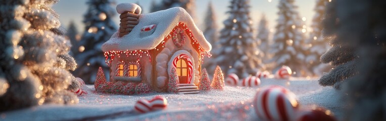 A charming winter cottage adorned with candy and lights nestled in a snowy forest during a magical twilight. Wide web banner.
