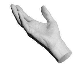 Hand reaching out, touching, palm sign, gesture. Halftone style vector isolated on white background.