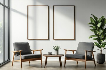Modern Interior Design Featuring Stylish Armchairs, Coffee Table, and Mockup Frames in a Chill Living Room