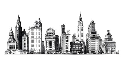 Obraz premium Black and white vector illustration of the New York City skyline, on a white background, with a minimalistic design featuring clean lines and a simple drawing style