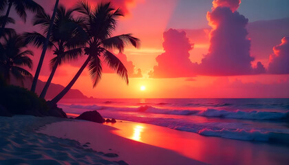The pixelated beach scene with a vibrant orange and pink sunset, silhouetted palm trees swaying in the breeze is a beautiful and serene sight.