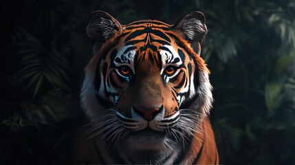 Fototapeta premium Tiger face close-up, trees and leaves background, bright light illumination