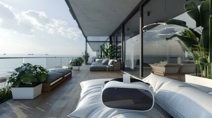 Fototapeta premium Virtual reality headset on a comfortable sofa in a modern apartment with a sea view