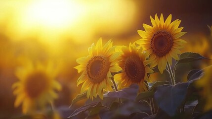 Obraz premium Sunflowers in a field with sunlight through leaves and sky background