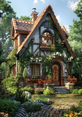 Fototapeta premium Charming Little Cottage in a Lush Garden