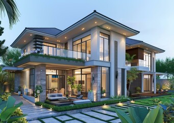 Fototapeta premium Modern Luxury House Exterior Design Illustration