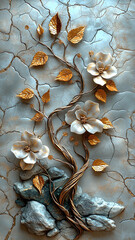 Luxurious Nature-Inspired Wallpaper with Golden Accents on Cracked Earth Background: Abstract Design for Elegant Decor, Artistic Wall Art, and Sophisticated Interior