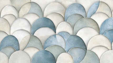 Fototapeta premium A close-up of a blue and white wall with circles on one side and a clock on the other