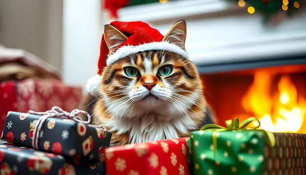 a grumpy fat cat in a christmas hat