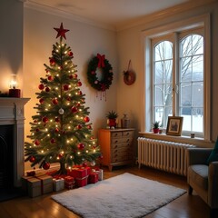 Beautiful Christmas house with New Year tree and decorations. A room decorated in New Year's style with a large Christmas tree. Christmas loft. Christmas home interior with large window and sofa.