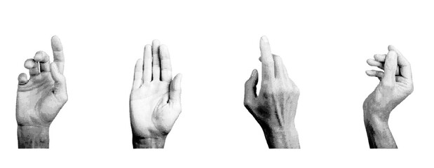 Hand gestures, signs set. Halftone style vector isolated on white background.