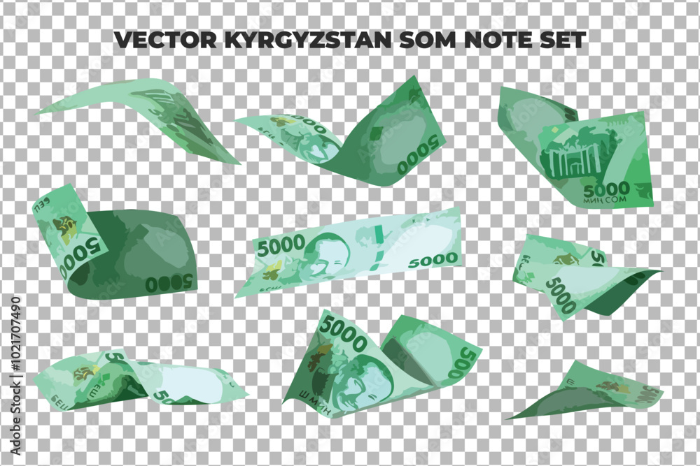 Aufkleber Vector illustration of set of 5000 Kyrgyzstani som notes flying in different angles and orientations. Currency note design in Scalable eps format