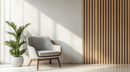 Modern Cosy Living Room with Grey Armchair and Green Lamp on Creamy Wooden Panel