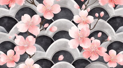 Fototapeta premium Pink flowers on black-white backdrop with black center circle