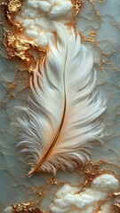 White Feather with Golden Shaft on Turquoise and Cream Marble Background - Luxurious Abstract Wallpaper for Sophisticated Decor and Artistic Wall Art