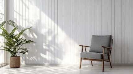 Fototapeta premium Modern Scandinavian Living Room Interior with Gray Armchair and Green Accents on Cream Slat Background
