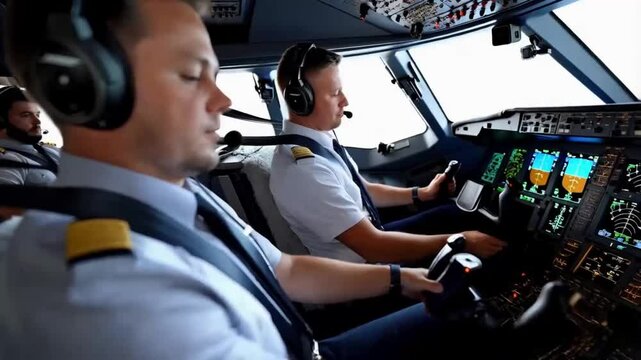 Flight Deck of modern passenger jet aircraft. Pilots at work. Cloudy sky and sunset view from the airplane cockpit