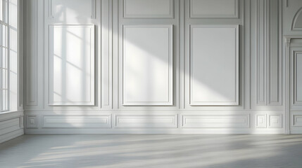 Fototapeta premium White Wall with Classic Molding and Sunlight - 3D Illustration