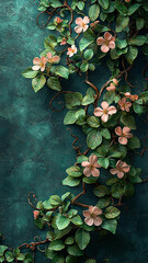 Abstract Floral Border Background with Green Vines and Pink Flowers for Wallart and Wallpaper Design